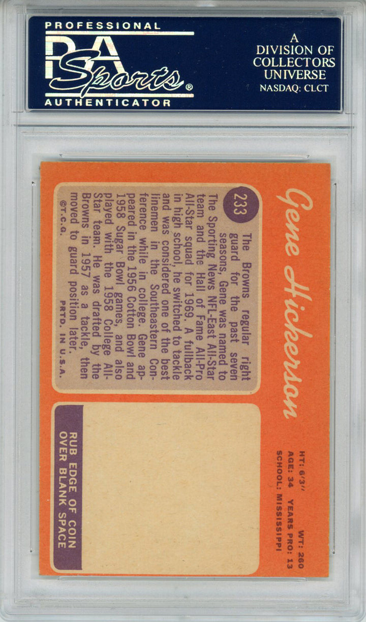 Gene Hickerson Autographed 1970 Topps #233 Trading Card PSA Slab 43637