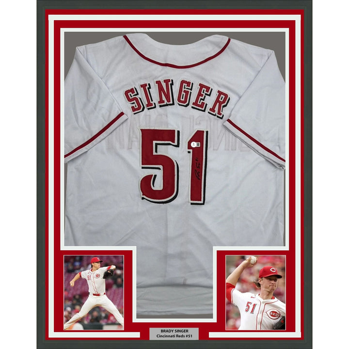 Framed Autographed/Signed Brady Singer 35x39 White Jersey Beckett BAS COA