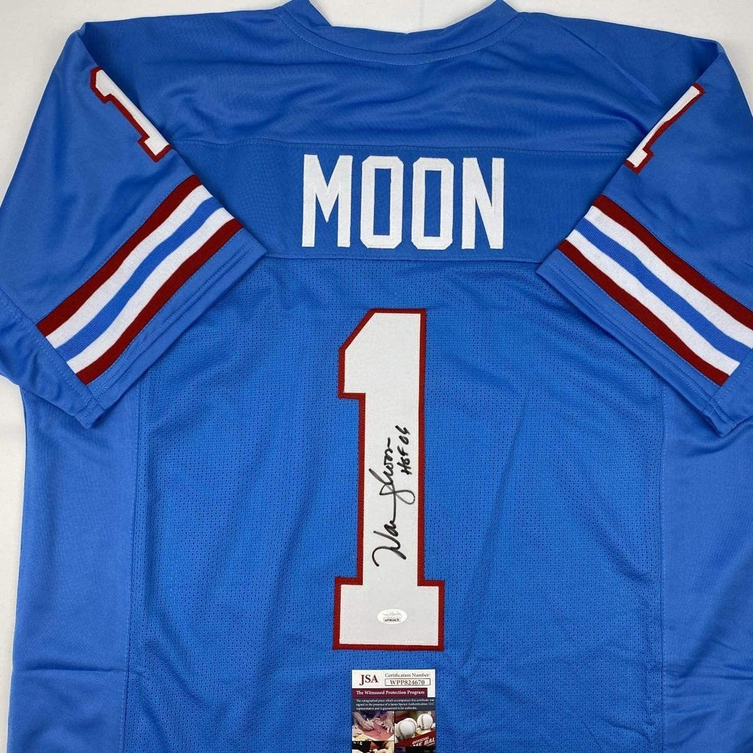 Autographed/Signed WARREN MOON HOF 06 Houston Blue Jersey JSA COA Auto