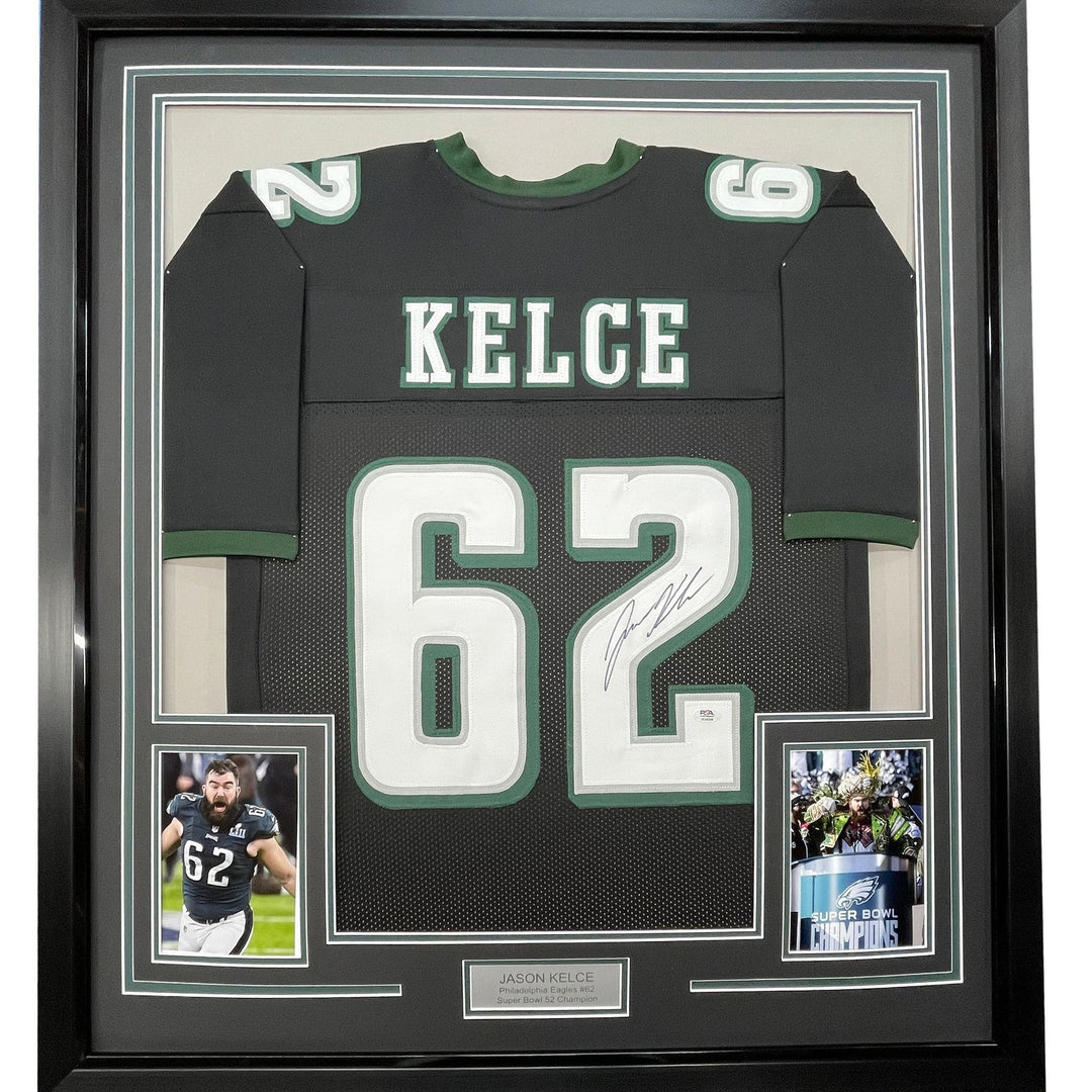 FRAMED Signed JASON KELCE 35x39 Philadelphia Black Jersey PSA COA