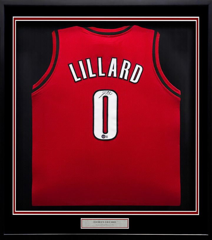 Portland Trail Blazers Damian Lillard Signed Framed Red Jersey Beckett BAS