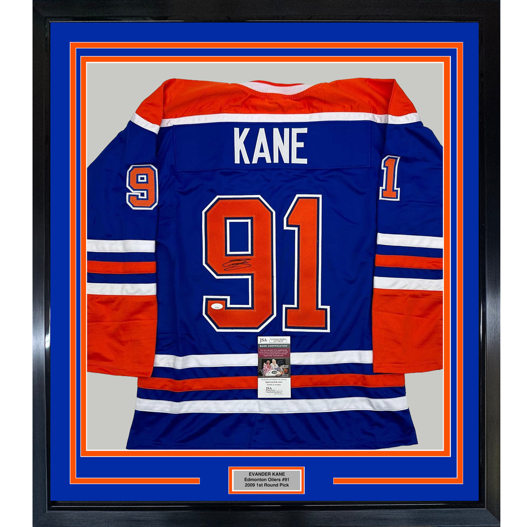 Framed Autographed/Signed Evander Kane 35x39 Edmonton Blue Hockey Jersey JSA COA