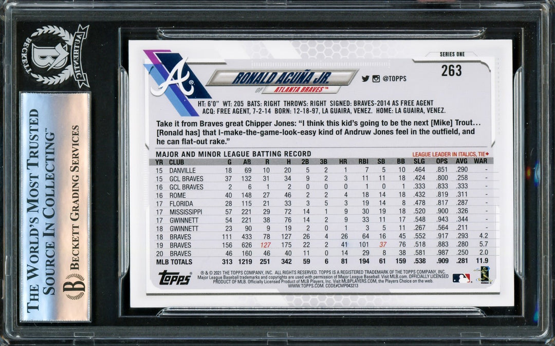 Ronald Acuna Jr. Signed 2021 Topps Card #263 Atlanta Braves Beckett #16175163