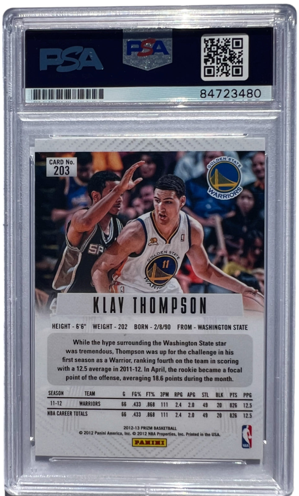 KLAY THOMPSON SIGNED 2012-13 PANINI PRIZM ROOKIE CARD #203 RC AUTO PSA/DNA
