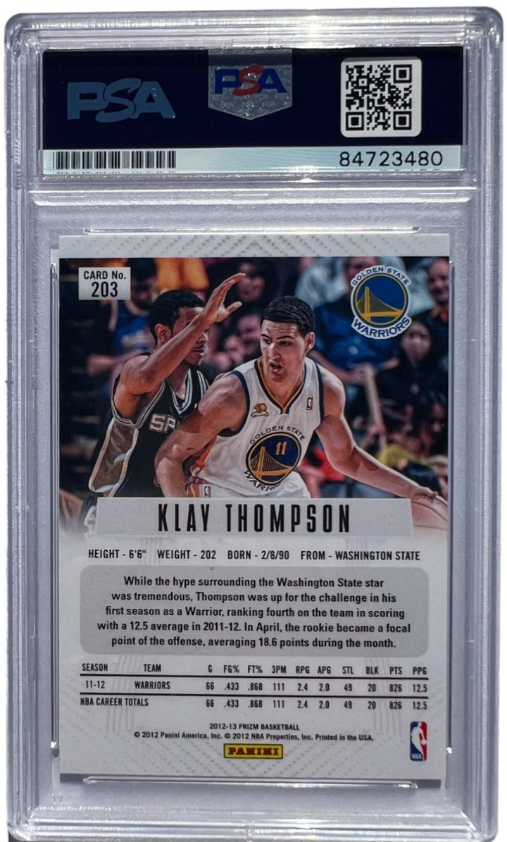 KLAY THOMPSON SIGNED 2012-13 PANINI PRIZM ROOKIE CARD #203 RC AUTO PSA/DNA