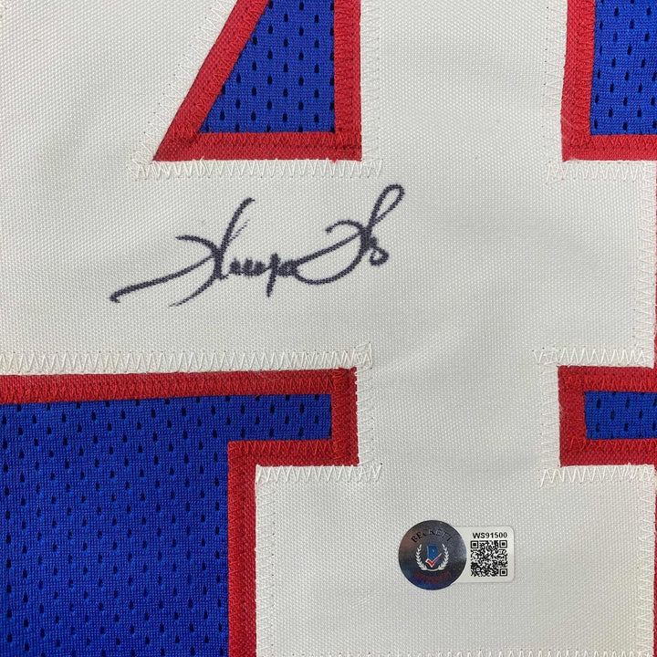 Autographed/Signed Thurman Thomas Buffalo Blue Stat Jersey Beckett BAS COA
