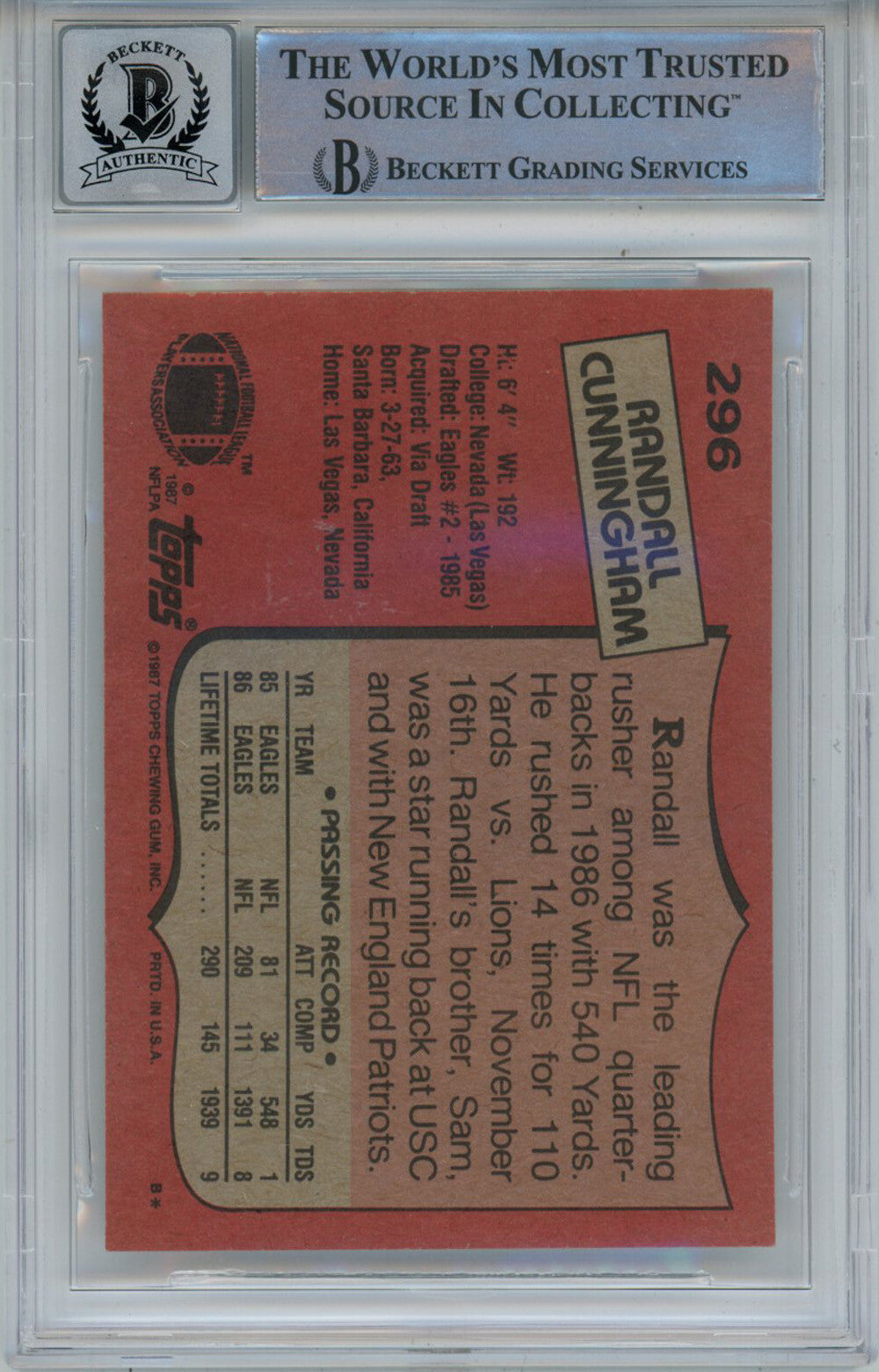 Randall Cunningham Signed 1987 Topps #296 Rookie Card Beckett 10 Slab 42934