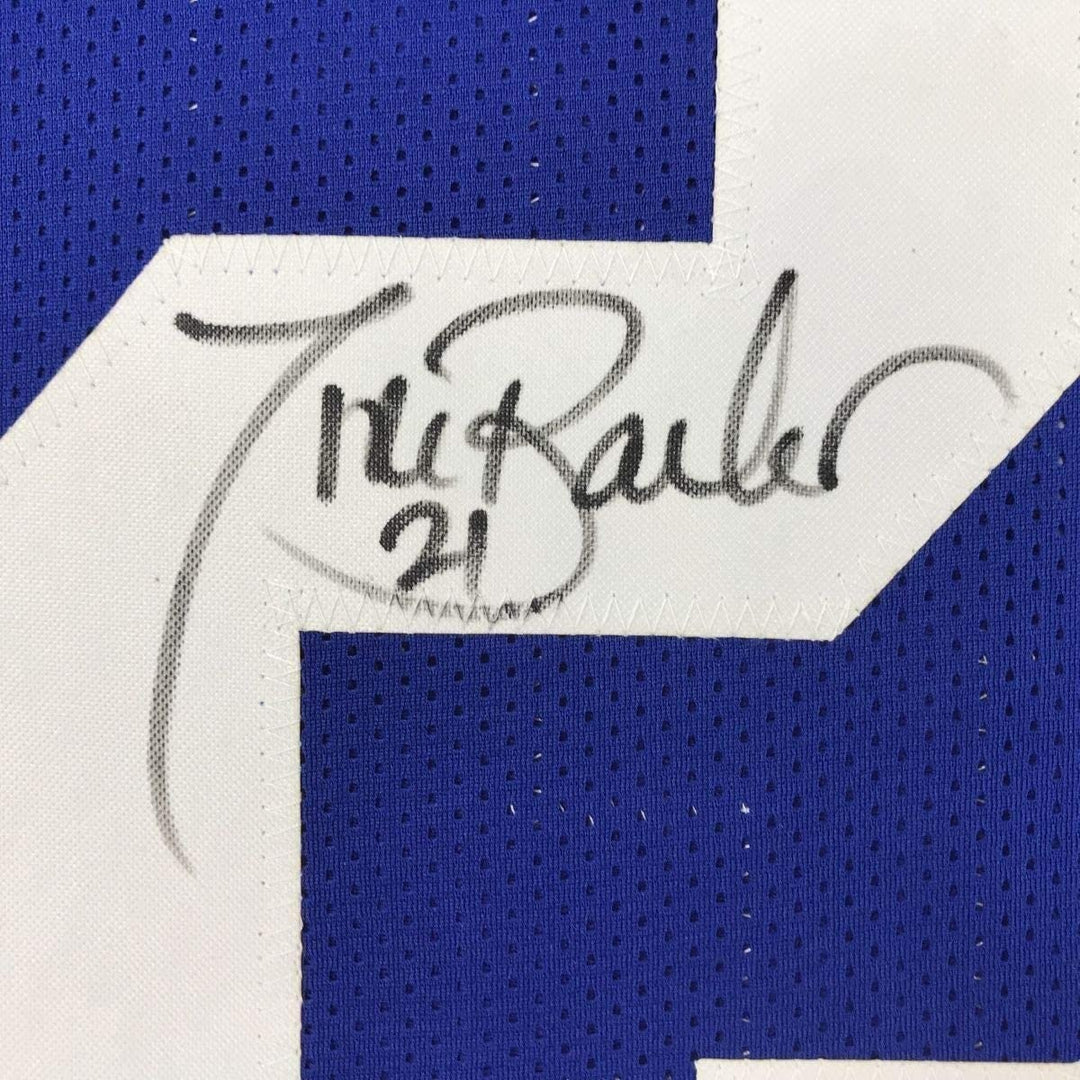 Framed Autographed/Signed Tiki Barber 35x39 New York Blue Jersey JSA COA
