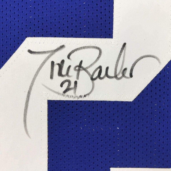 Framed Autographed/Signed Tiki Barber 35x39 New York Blue Jersey JSA COA