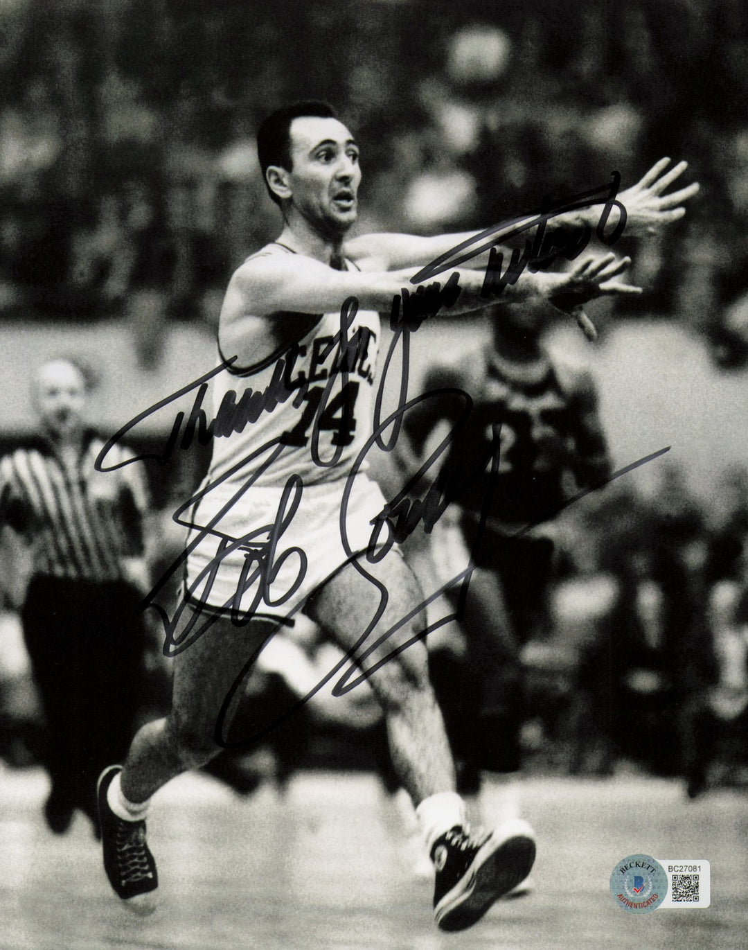 Bob Cousy Signed 8x10 Photo Celtics "Thanks For Your Wishes" Beckett #BC27081