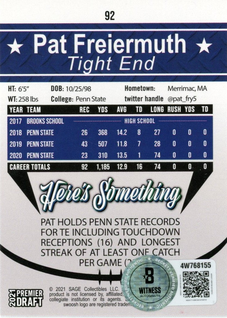 Pat Freiermuth Autographed 21 SAGE Premier Draft Red Base #92 Card Beckett 56968