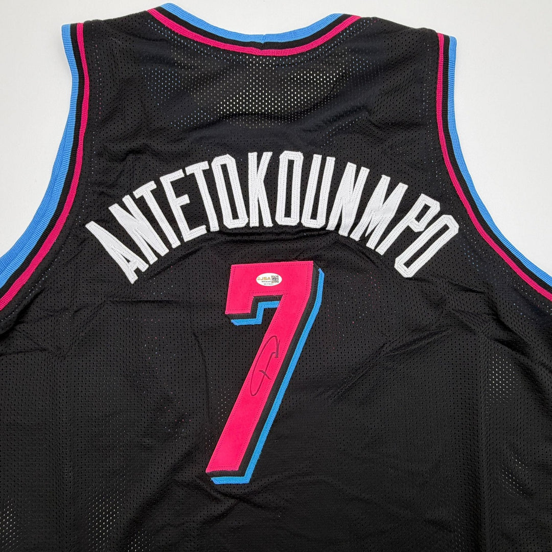 Autographed/Signed Giannis Antetokounmpo #7 Heat Black Vice Jersey JSA COA
