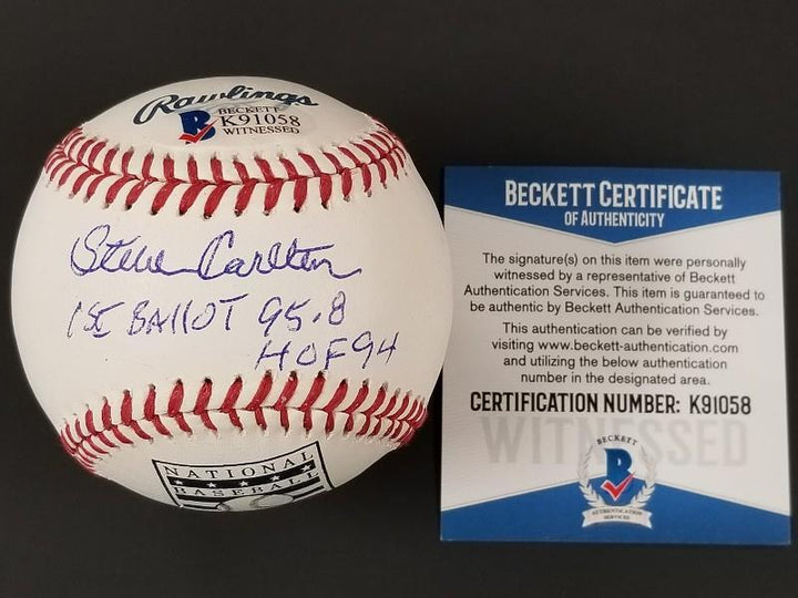 STEVE CARLTON Signed "1st BALLOT 95.8 HOF 94" Baseball ~ BAS Beckett COA Witness