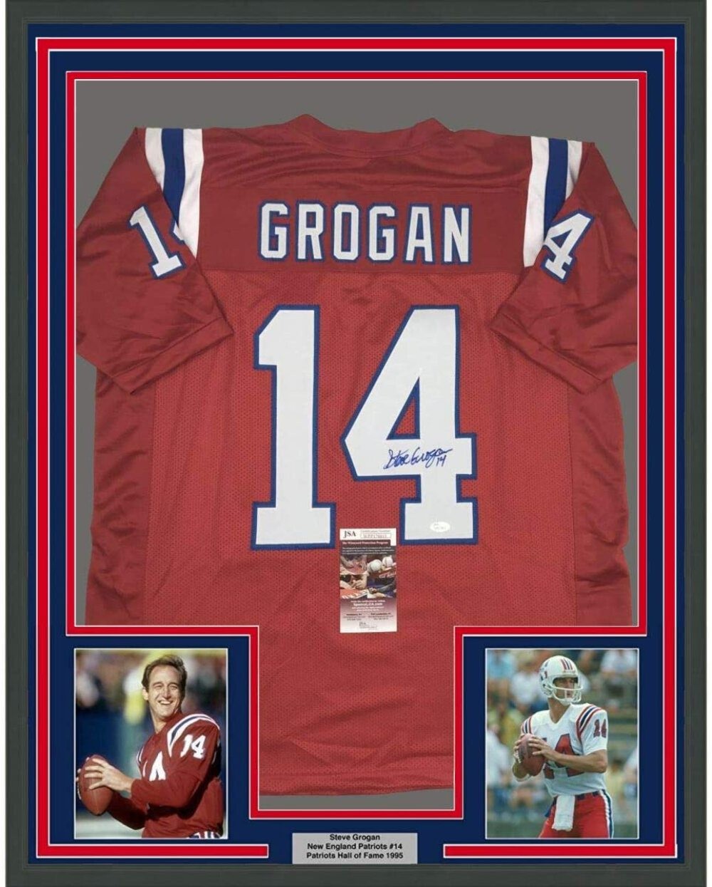 FRAMED Autographed/Signed STEVE GROGAN 33x42 New England Red Jersey JSA COA Auto