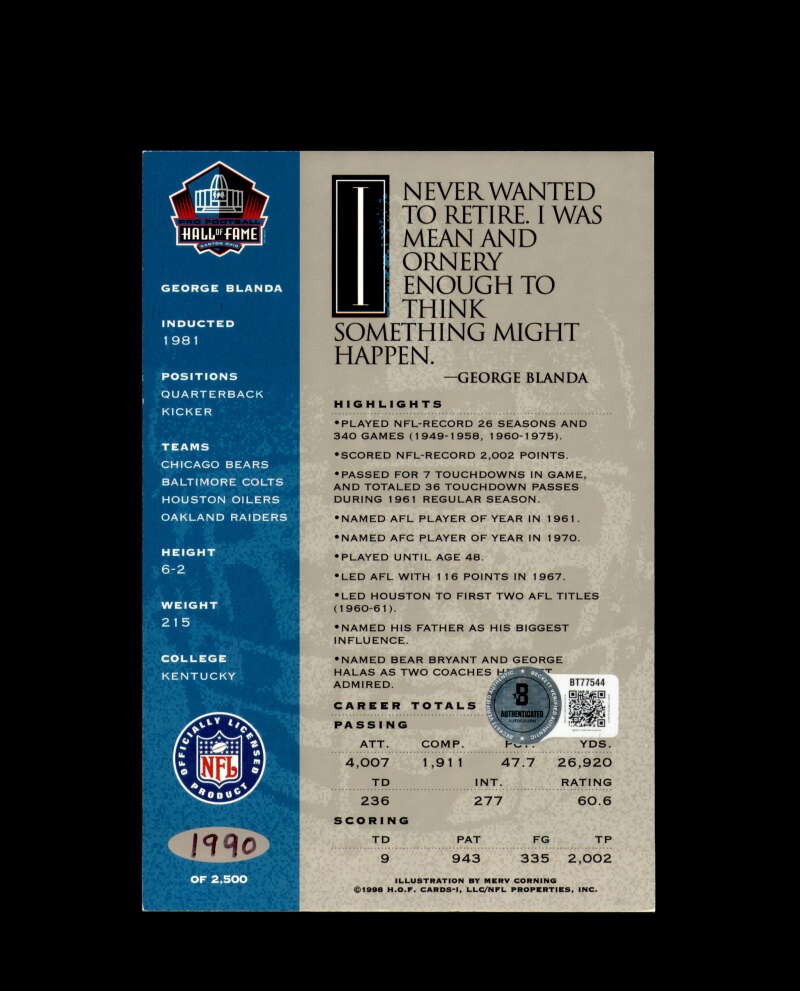 George Blanda Beckett BAS Signed 1998 HOF Hall Fame Signature Series Platinum