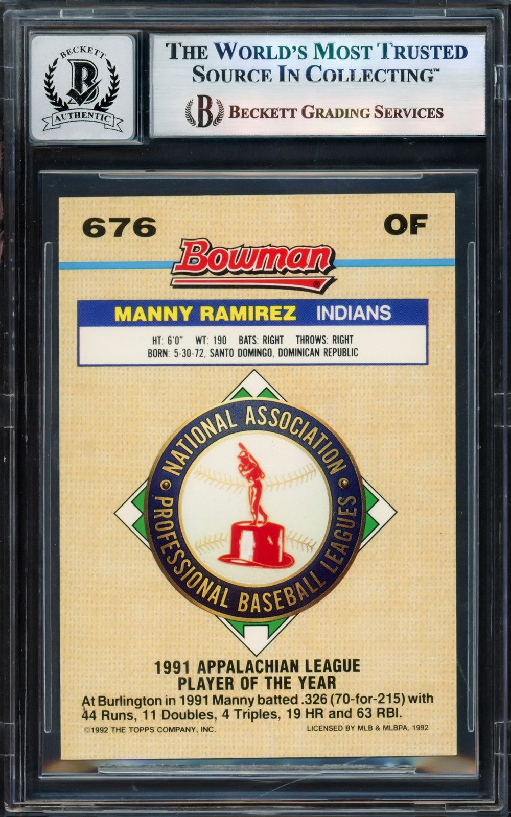 Manny Ramirez Auto 1992 Bowman Gold Foil RC 676 Cleveland Indians Sig 10 Beckett