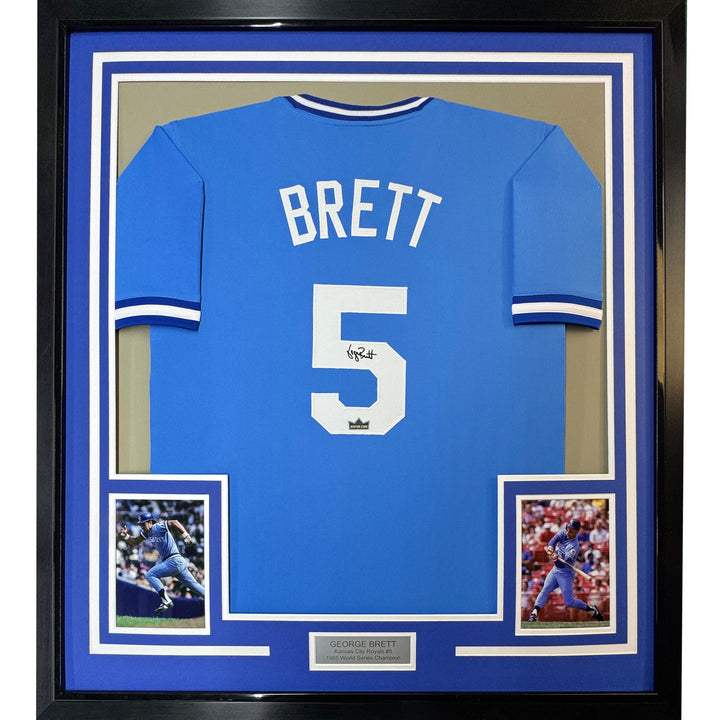 Framed Facsimile Autographed George Brett 33x42 Blue Reprint Laser Auto Jersey