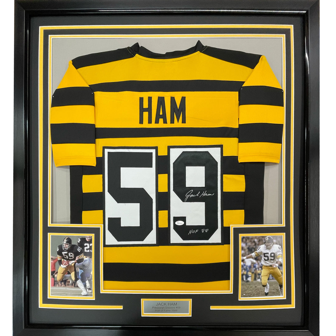 FRAMED Autographed/Signed JACK HAM HOF 88 33x42 Bumble Bee Jersey JSA COA Auto