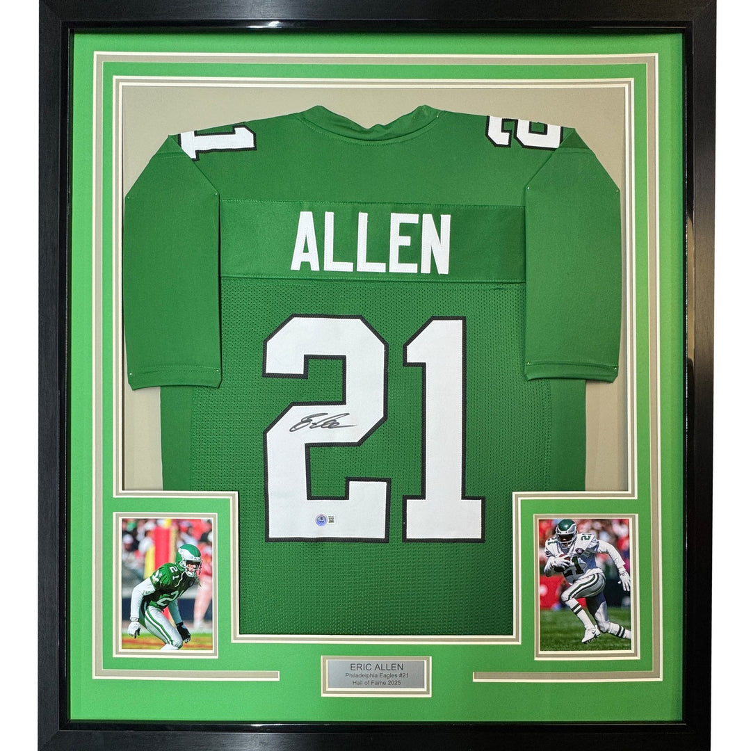 Framed Autographed/Signed Eric Allen 35x39 Kelly Green Jersey BAS COA