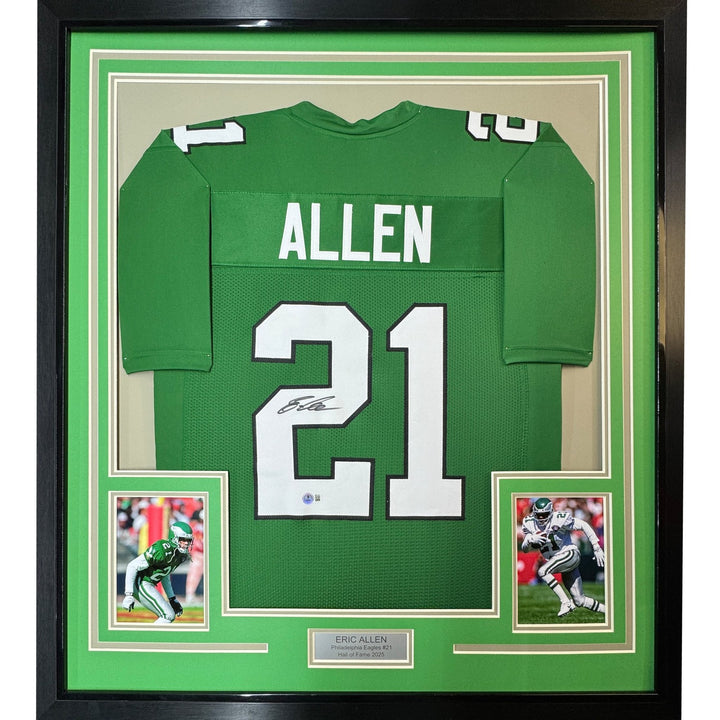 Framed Autographed/Signed Eric Allen 35x39 Kelly Green Jersey BAS COA