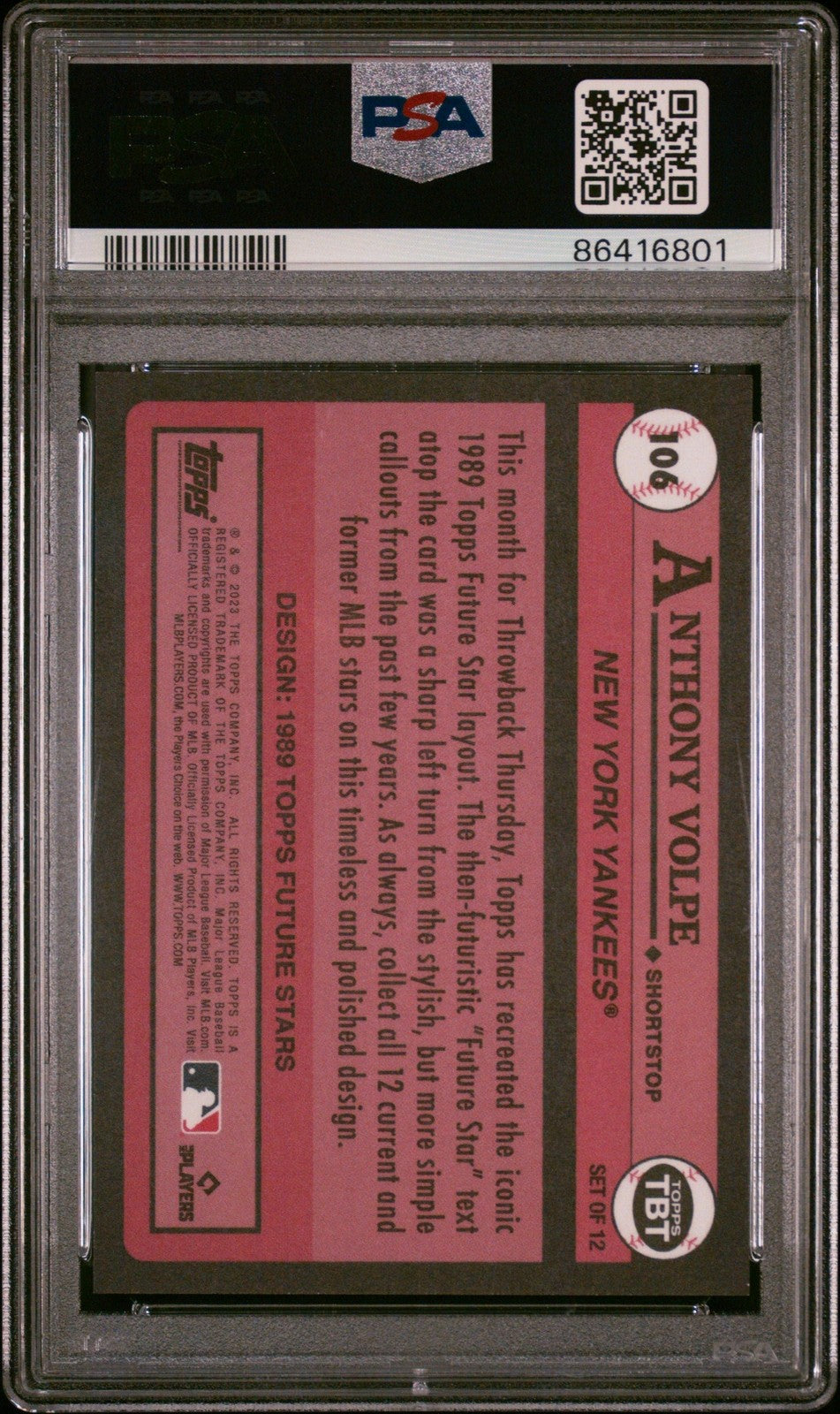 Graded 2023 Topps Anthony Volpe #106 Throwback Thursday RC Card PSA 10