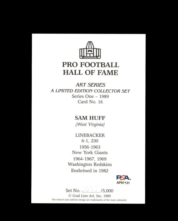 Sam Huff PSA DNA Signed Goal Line Art Card GLAC Autograph HOF 1982