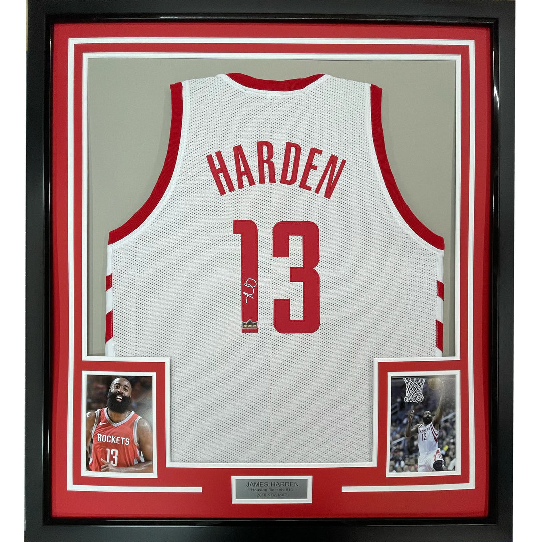 Framed Facsimile Autographed James Harden 33x42 White Reprint Laser Auto Jersey