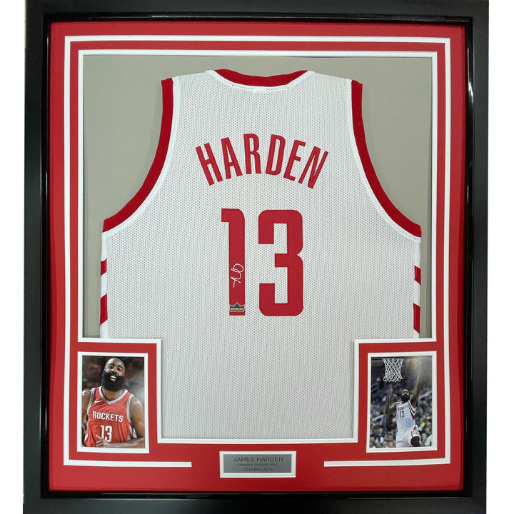 Framed Facsimile Autographed James Harden 33x42 White Reprint Laser Auto Jersey