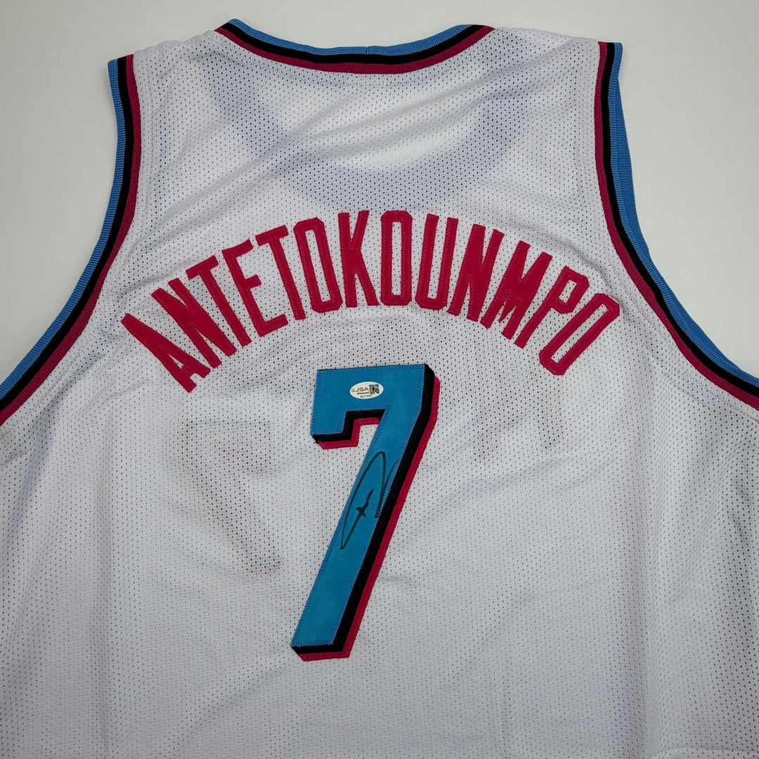 Autographed/Signed Giannis Antetokounmpo #7 Heat White Vice Jersey JSA COA