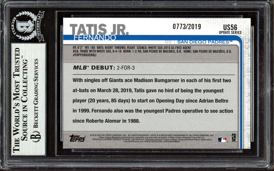 Fernando Tatis Jr. Auto 2019 Topps Update Gold RC US56 #773/2019 Smudge Beckett