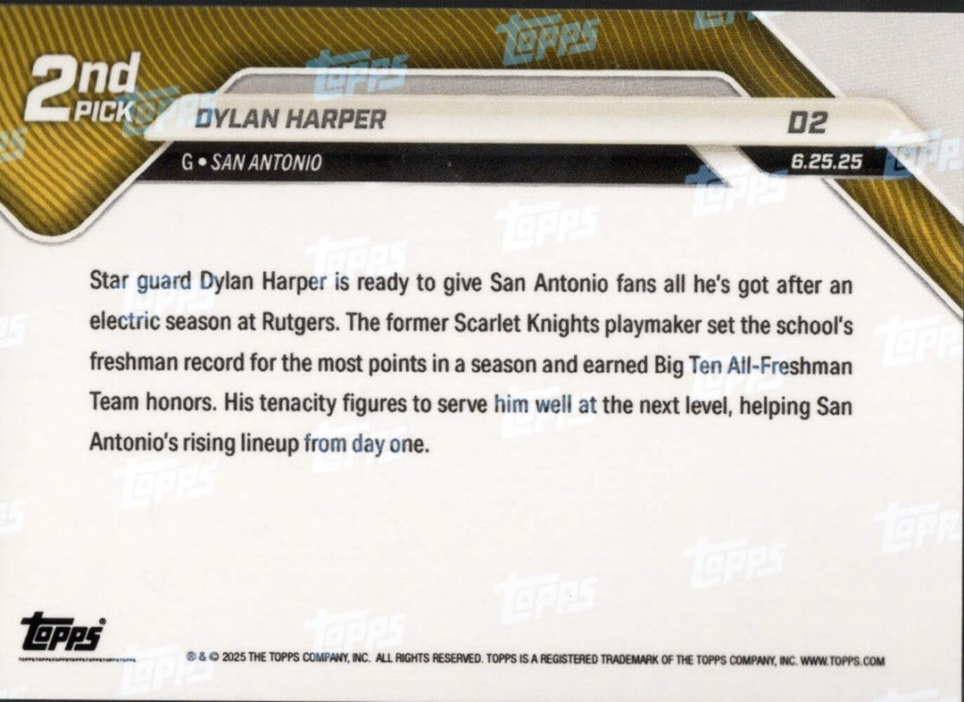 2025 Topps Now Dylan Harper #D2 Green Foil /99 San Antonio Spurs Rookie RC Card