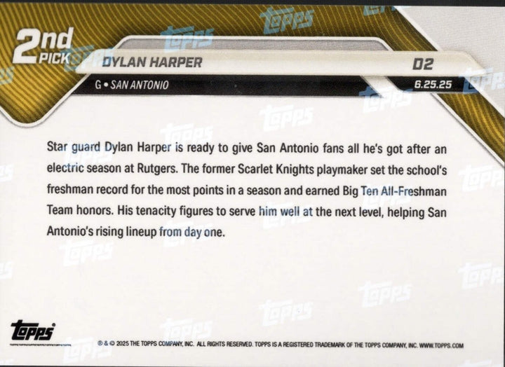2025 Topps Now Dylan Harper #D2 Green Foil /99 San Antonio Spurs Rookie RC Card