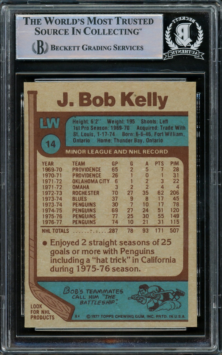 J. Bob Kelly Signed 1977-78 Topps Card #14 Pittsburgh Penguins Beckett #15780976
