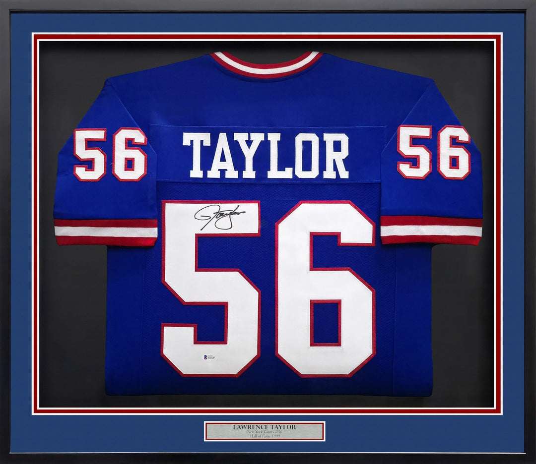 Lawrence Taylor Signed Giants Framed Blue Jersey Beckett BAS Witness
