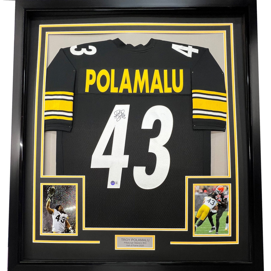 FRAMED Signed TROY POLAMALU 35x39 Pittsburgh Black Jersey JSA COA