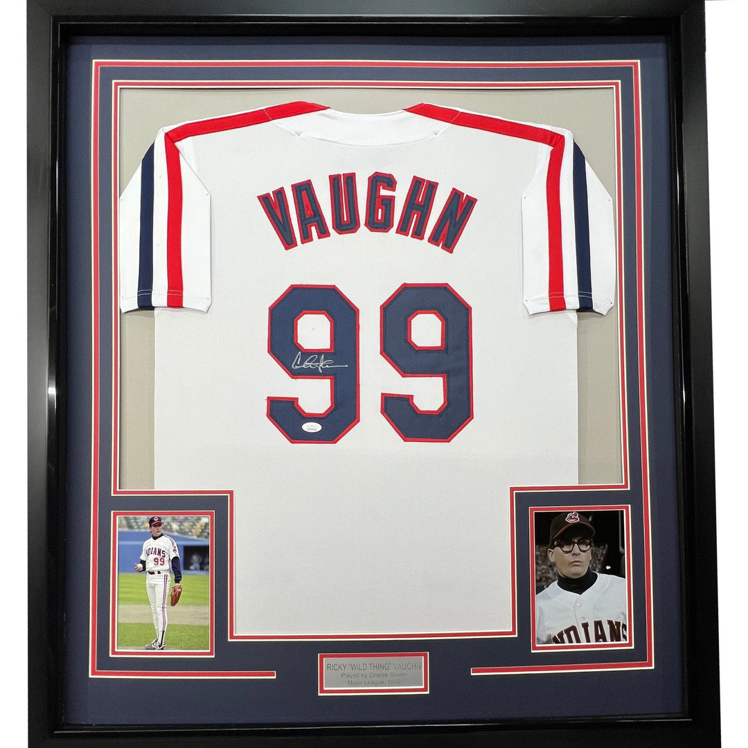 FRAMED Signed CHARLIE SHEEN 35x39 Ricky Vaughn Movie Jersey JSA COA