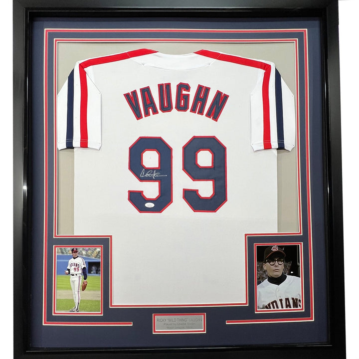 FRAMED Signed CHARLIE SHEEN 35x39 Ricky Vaughn Movie Jersey JSA COA