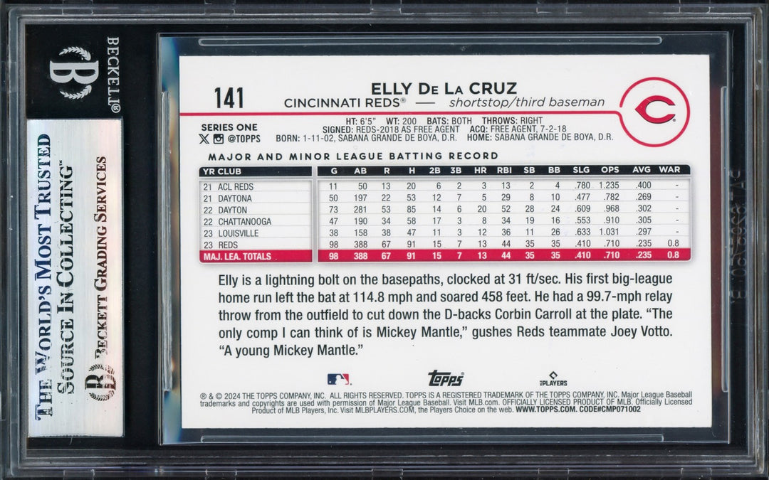 Elly De La Cruz Autographed Signed 2024 Topps RC 141 Cincinnati Reds Beckett