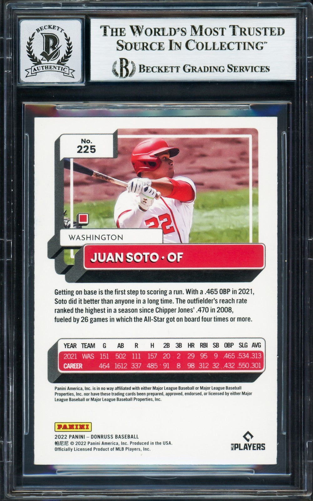 Juan Soto Signed 2022 Donruss Card 225 New York Mets Auto GM 10 Beckett