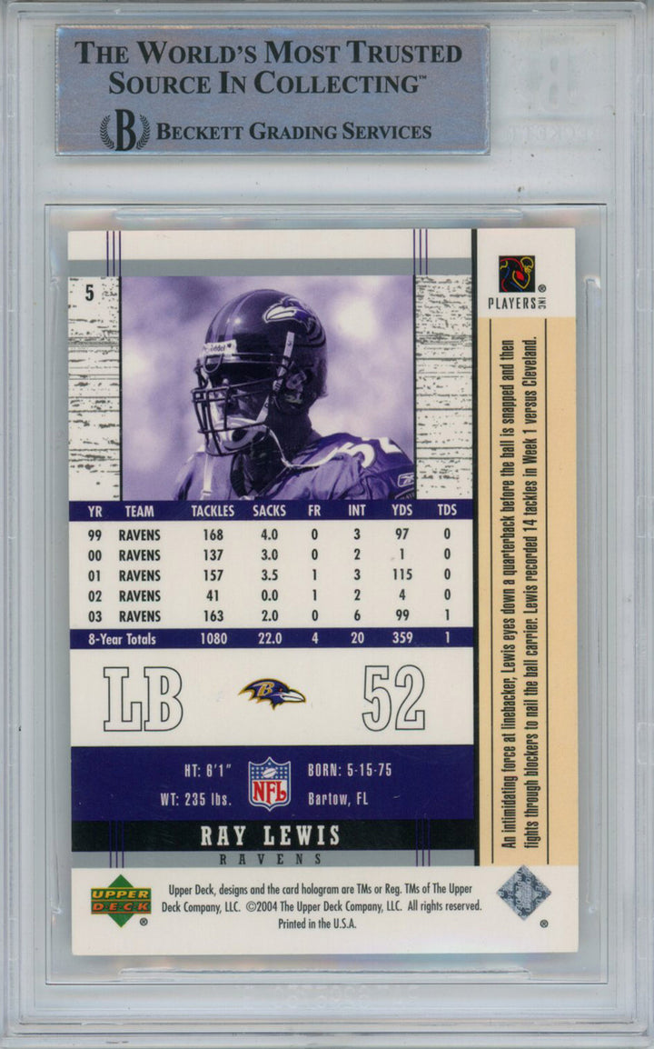Ray Lewis Signed 2004 Upper Deck Legends #6 Trading Card Beckett Slab 43376