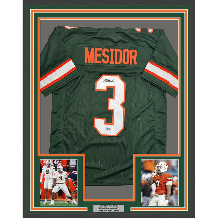 Framed Autographed/Signed Akheem Mesidor 35x39 Miami Green Jersey Beckett COA