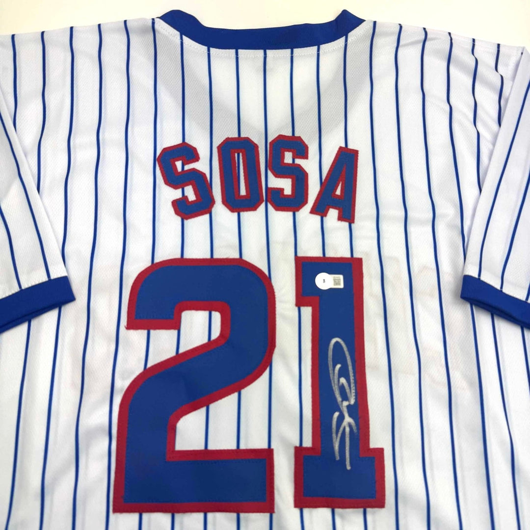 Autographed/Signed Sammy Sosa Chicago Pinstripe Jersey Beckett BAS COA