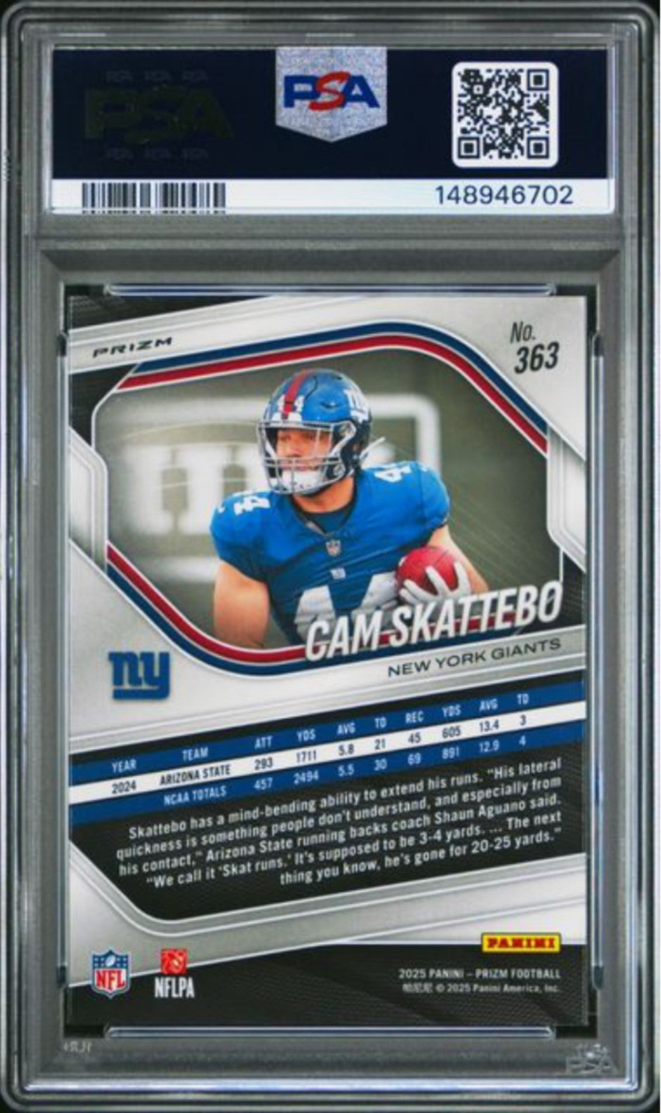 Graded 2025 Panini Prizm Cam Skattebo #363 Lazer Prizm Rookie RC Card PSA 10 Gem