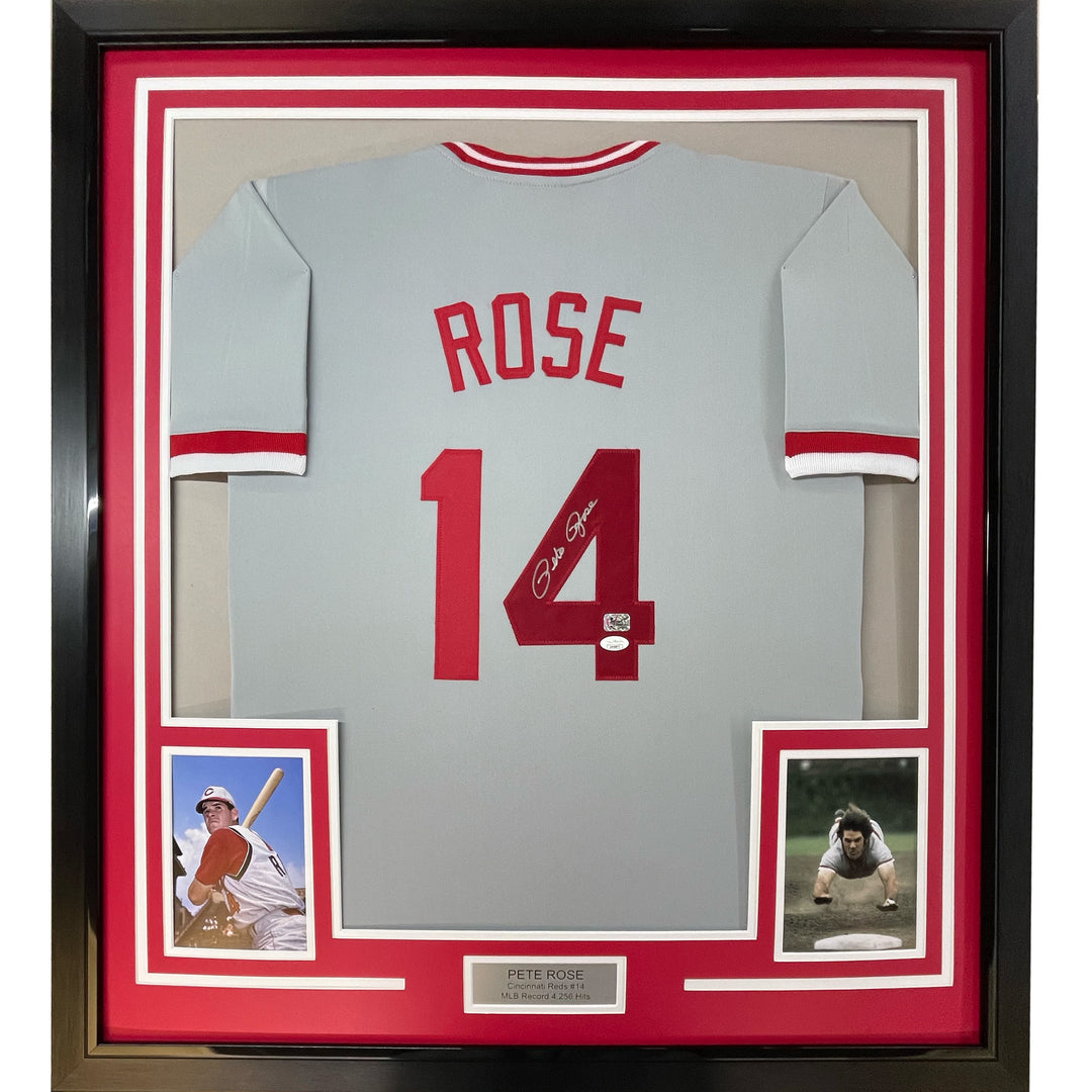 Framed Autographed/Signed Pete Rose 33x42 Cincinnati Grey Jersey JSA COA