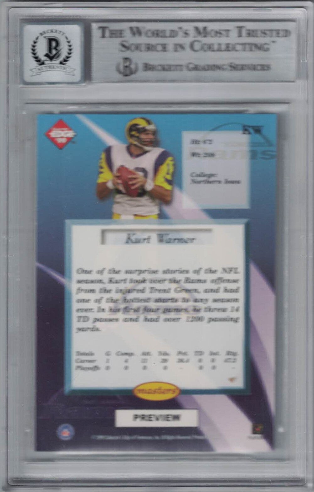 Kurt Warner Autographed 1999 Edge Preview KW Trading Card Beckett 10 Slab 36342