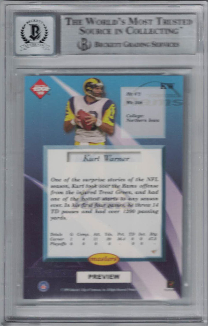 Kurt Warner Autographed 1999 Edge Preview KW Trading Card Beckett 10 Slab 36342
