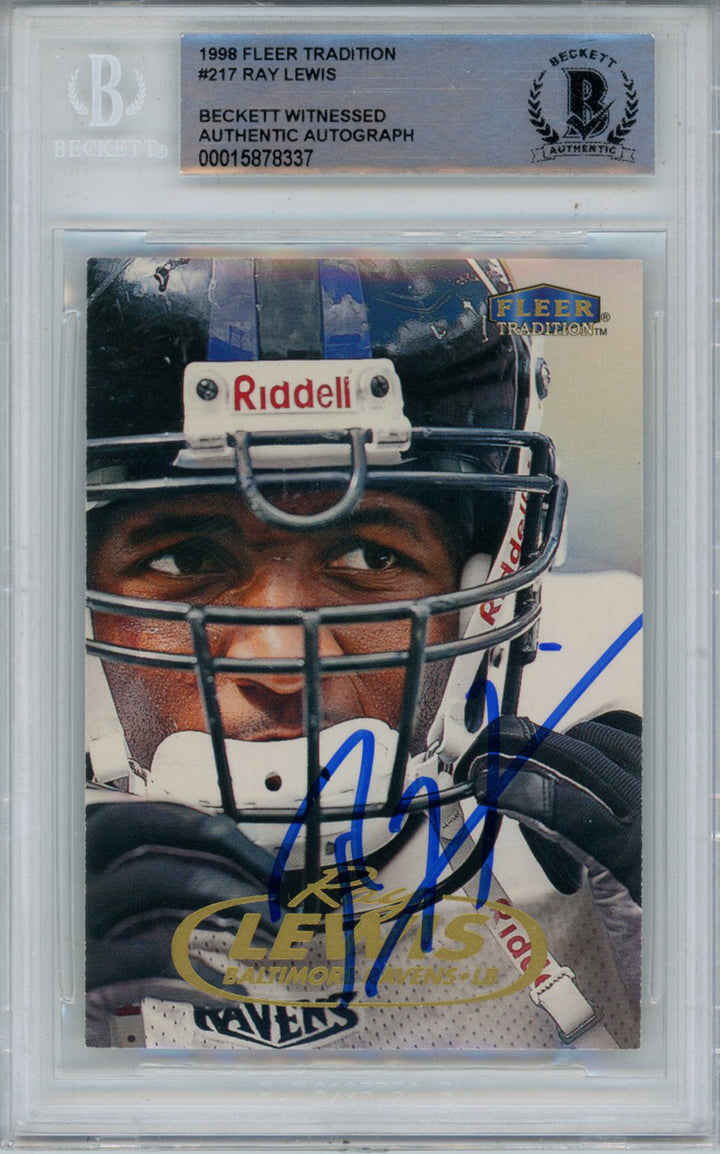 Ray Lewis Signed 1998 Fleer Tradition #217 Trading Card Beckett Slab 43371