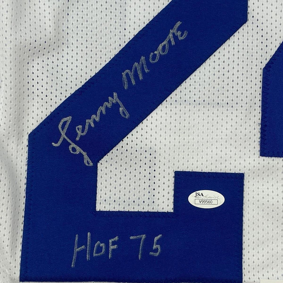 Autographed/Signed LENNY MOORE HOF 75 Baltimore White Football Jersey JSA COA
