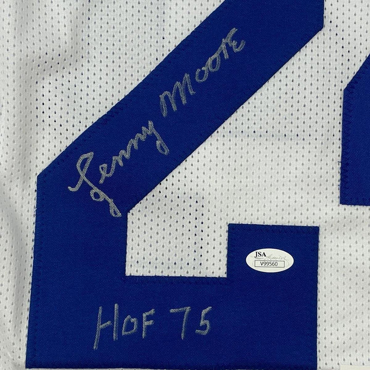 Autographed/Signed LENNY MOORE HOF 75 Baltimore White Football Jersey JSA COA