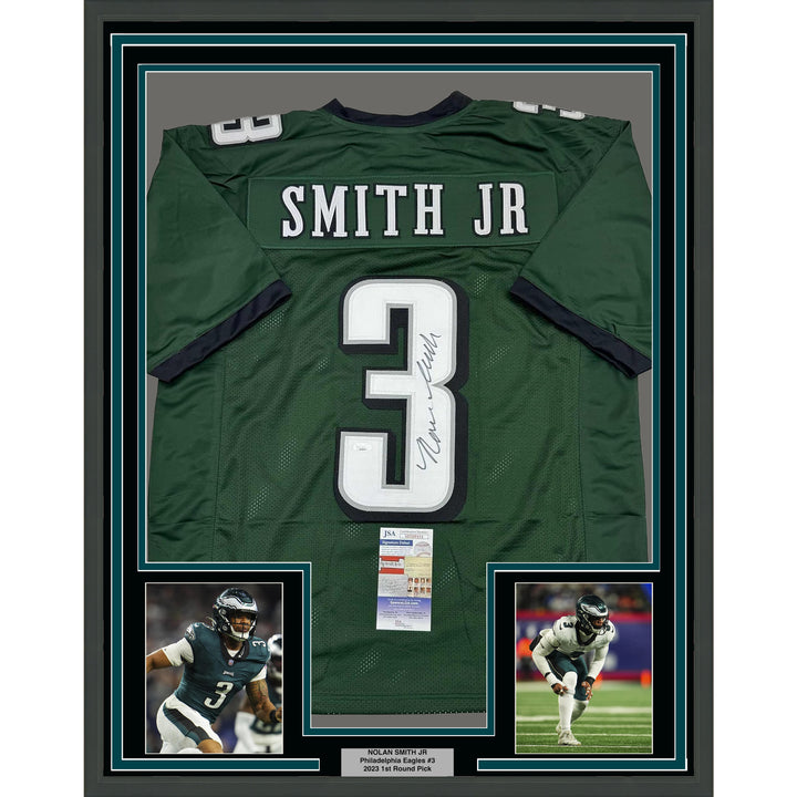 Framed Autographed/Signed Nolan Smith Jr 35x39 Philadelphia Green Jersey JSA COA